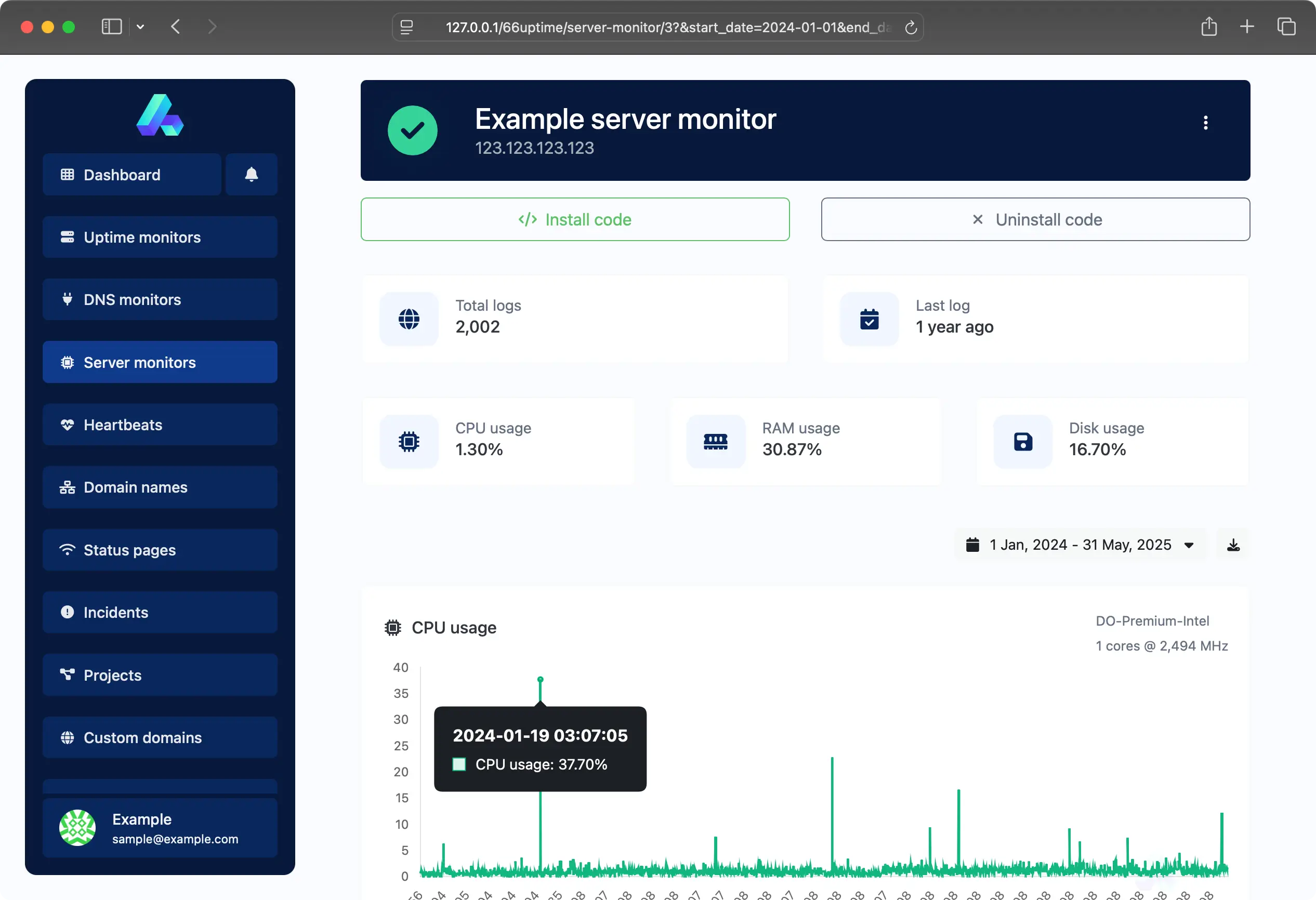 Screenshot der Überwachungsseite des App-Servers