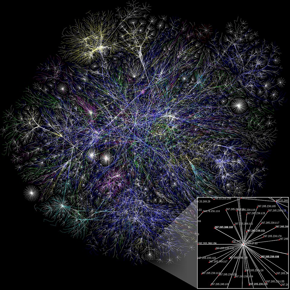 Visualisierung von Internet-Verbindungen und Netzwerktopologie. Bildquelle: Barrett Lyon / OPTE Project, Wikimedia Commons, CC BY 2.5.