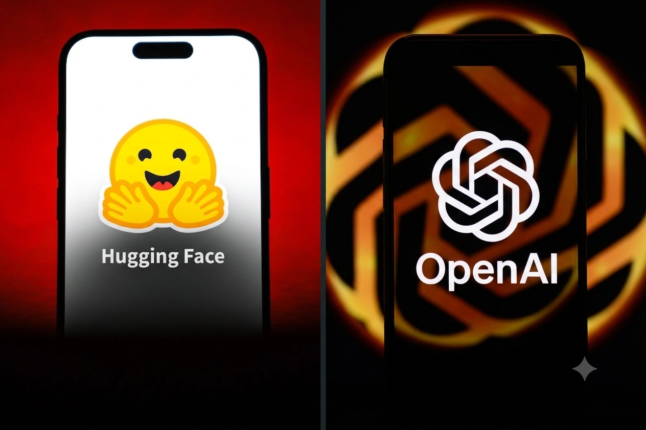 Split-Screen mit den Logos von Hugging Face und OpenAI als Symbolbild für KI-Sicherheit